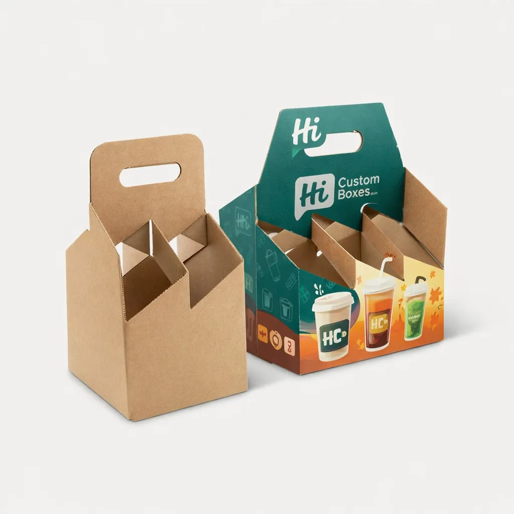 Two white cardboard drink carriers with handles, one plain and one featuring custom green branding.